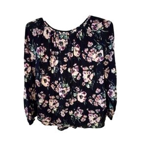 Dark Floral Print Peek a Boo Front Long Sleeved Peasant Tunic Style Top XL